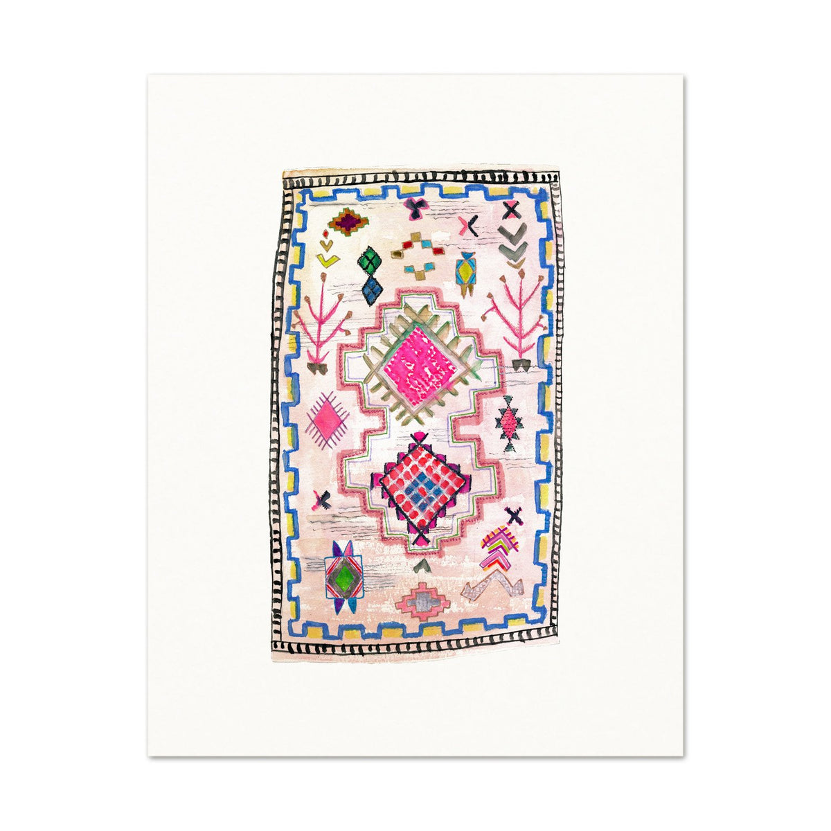 Boho Art Print. Bohemian Decor. Pink Vintage Rug Watercolor Artwork.