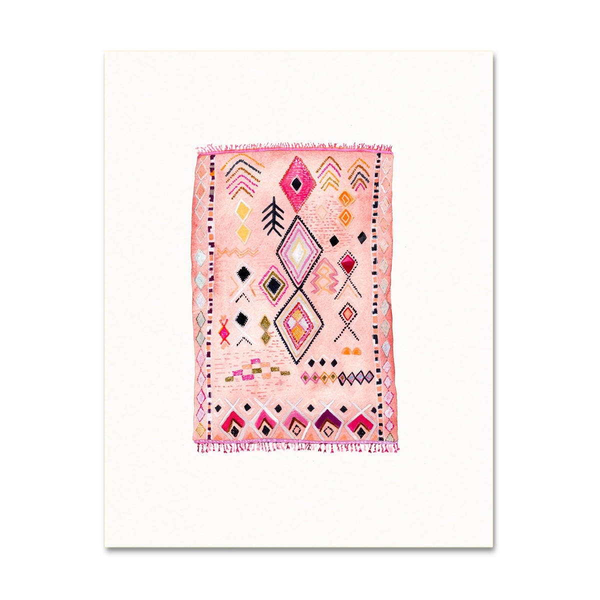 Boho Art Print. Bohemian Decor. Pink Vintage Rug Watercolor Artwork.