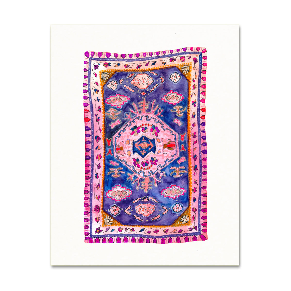 Boho Art Print. Bohemian Decor. Purple Vintage Rug Watercolor Artwork.